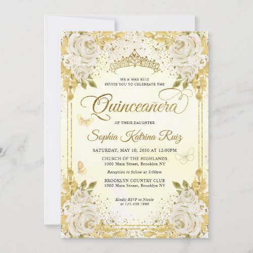 Floral Champagne Gold Glitter Crown Quinceaera Invitation