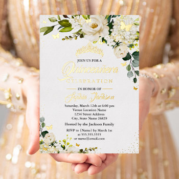 Floral Champagne Gold Watercolor Quinceanera  Foil Invitation by LittleBayleigh at Zazzle
