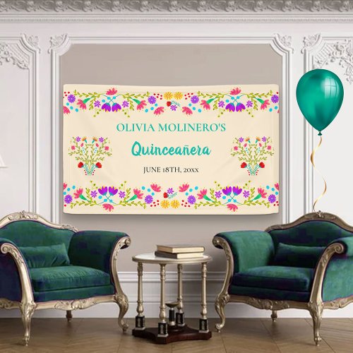 Floral Champagne Mexican Quinceanera Welcome Banner