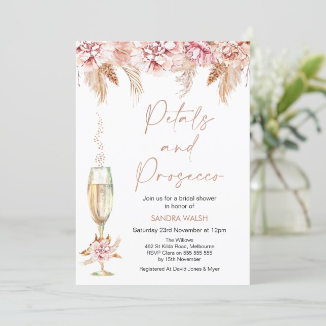 Floral Champagne Petals and Prosecco Bridal Shower Invitation (Standing Front)