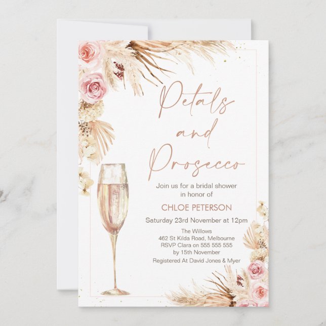 Floral Champagne Petals Prosecco Bridal Shower Invitation (Front)