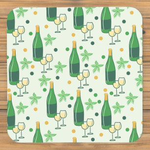 Floral Chardonnay Bottles Glasses Pattern Beverage Coaster