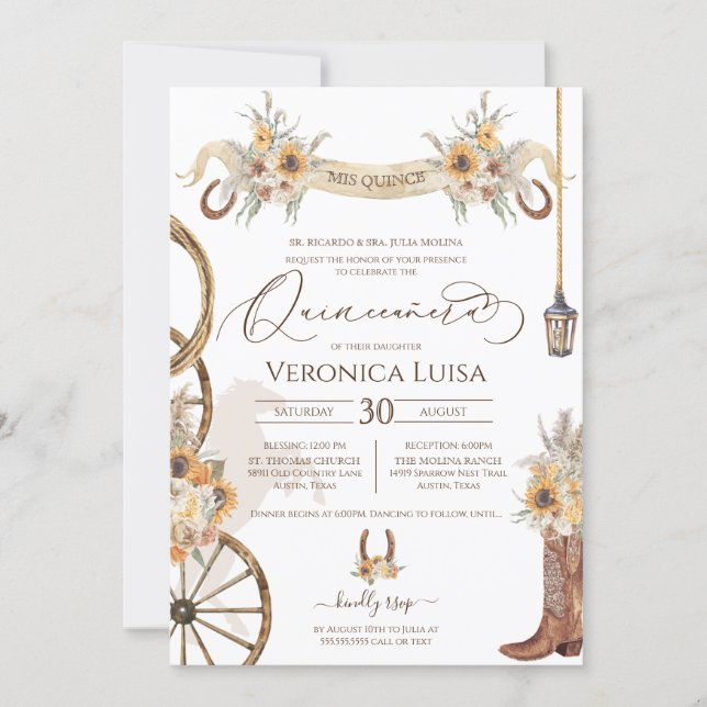 Floral Charro Sunflower Country Rustic Quinceanera Invitation (Front)