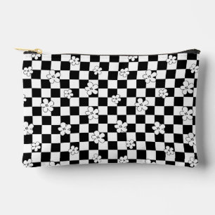 Floral checkered black and white pattern accessory pouch