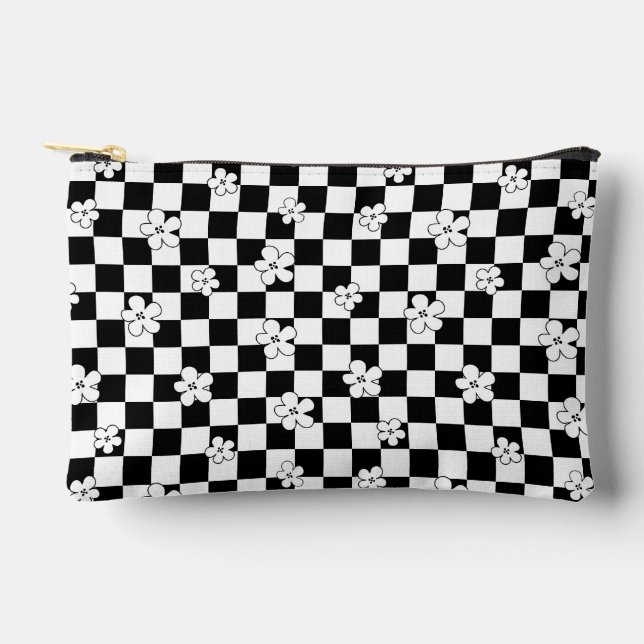 Floral checkered black and white pattern accessory pouch (Front)