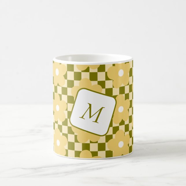 Floral Checkered Yellow and Blue Design Coffee Mug (Center)