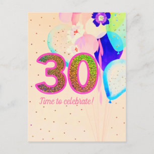 Floral Cheers 30th Birthday Balloons Party Pink Announcement Postcard