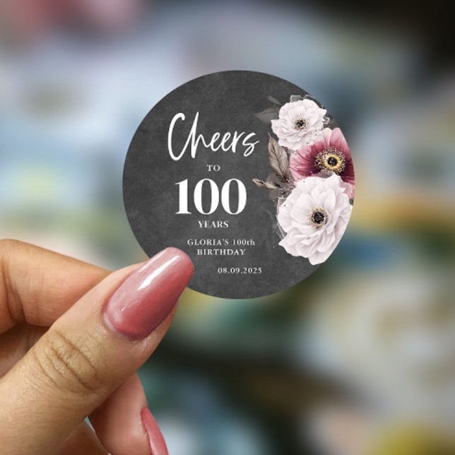  Floral Cheers to 100th Birthday Classic Round Sticker (Creator Uploaded)