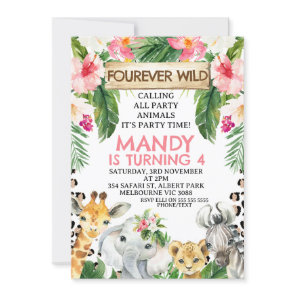 Floral Cheetah Print Fourever Wild 4th Birthday Invitation