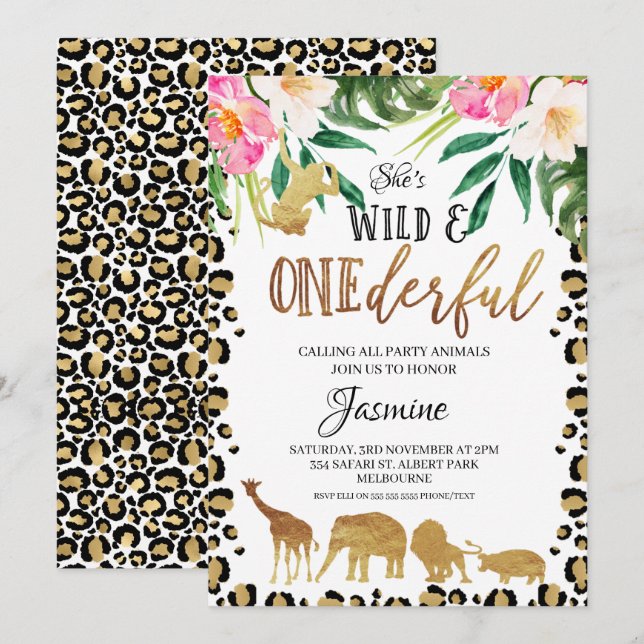 Floral Cheetah Print Onederful Birthday Invitation (Front/Back)