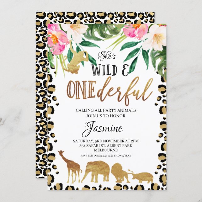Floral Cheetah Print Onederful Birthday Invitation (Front/Back)