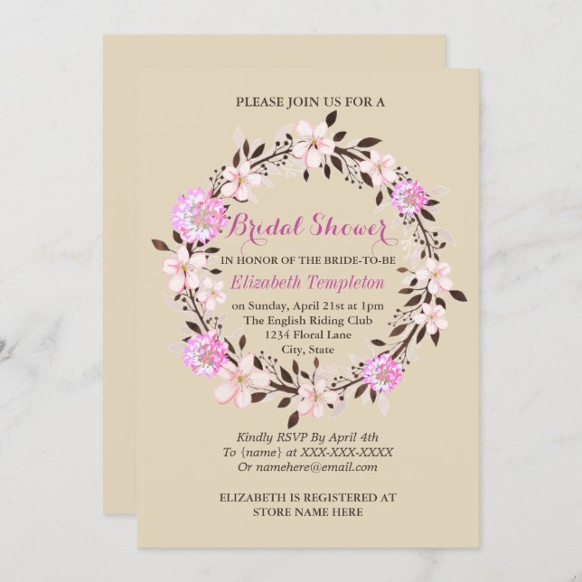 Floral Cherry Blossom and Clover Bridal Shower Invitation (Front/Back)