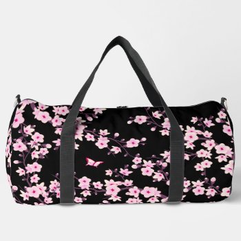 Floral Cherry Blossom Black Pink  Duffle Bag by NinaBaydur at Zazzle