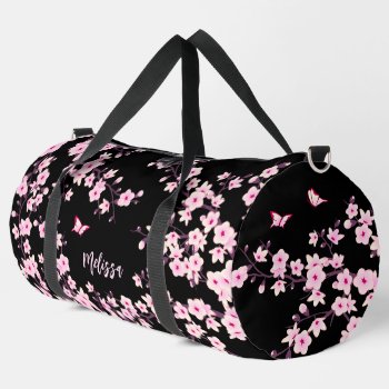 Floral Cherry Blossom Black Pink Monogram Duffle Bag by NinaBaydur at Zazzle
