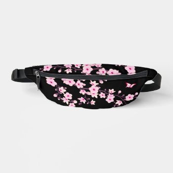 Floral Cherry Blossom Black Pink Monogram Fanny Pack by NinaBaydur at Zazzle