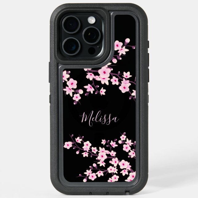 Floral Cherry Blossom Black Pink Monogram iPhone 15 Pro Max Case (Back (Black Titanium))