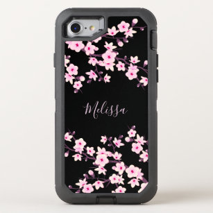 Floral Cherry Blossom Black Pink Monogram OtterBox Defender iPhone SE/8/7 Case