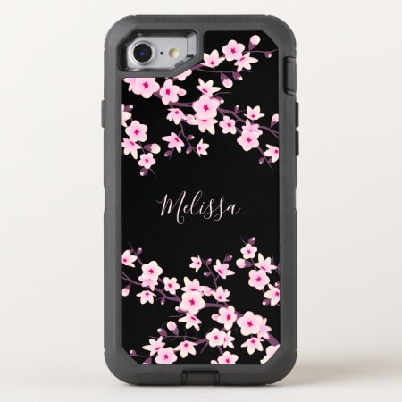 Floral Cherry Blossom Black Pink Monogram Otterbox Defender Iphone Se/