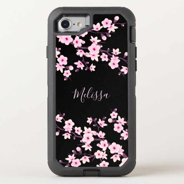 Floral Cherry Blossom Black Pink Monogram Otterbox iPhone Case (Back)