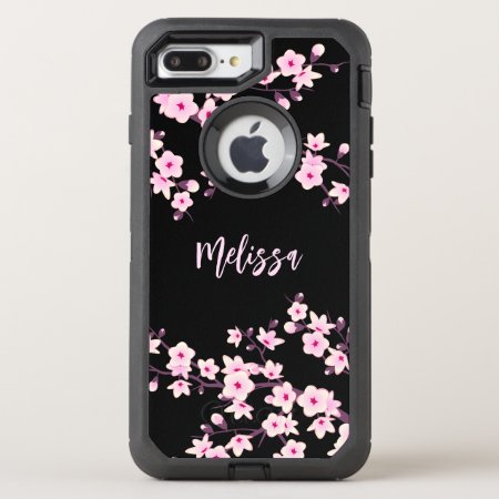 Floral Cherry Blossom Black Pink Monogram Otterbox Defender Iphone 8 P
