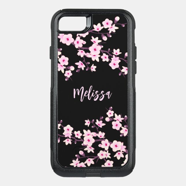 Floral Cherry Blossom Black Pink Monogram Otterbox iPhone Case (Back)