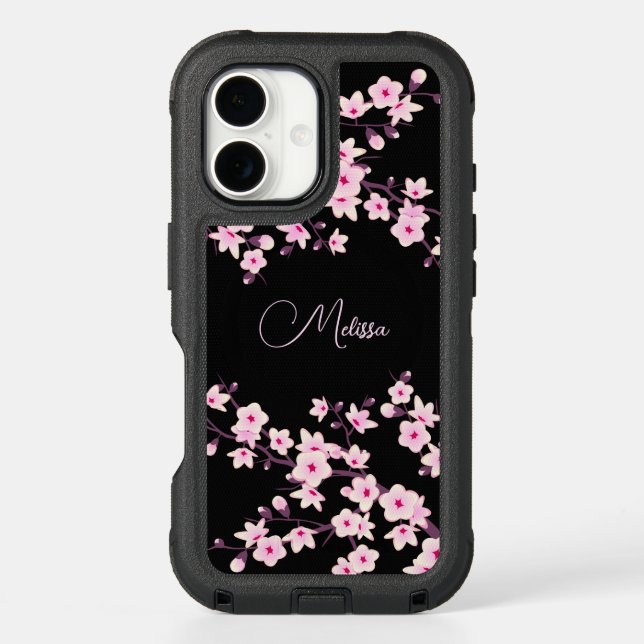 Floral Cherry Blossom Black Pink Monogram Otterbox iPhone Case (Back)