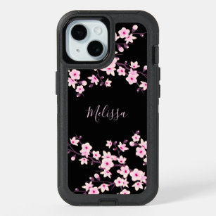 Floral Cherry Blossom Black Pink Monogram iPhone 15 Case