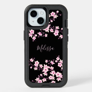 Floral Cherry Blossom Black Pink Monogram Iphone 15 Case by NinaBaydur at Zazzle