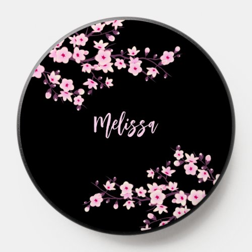 Floral Cherry Blossom Black Pink Monogram PopSocket