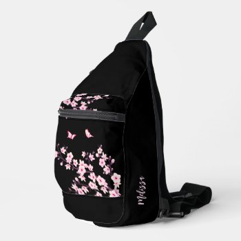 Floral Cherry Blossom Black Pink Monogram Sling Bag by NinaBaydur at Zazzle