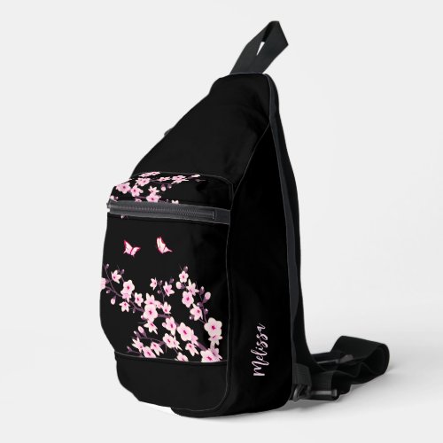 Floral Cherry Blossom Black Pink Monogram Sling Bag