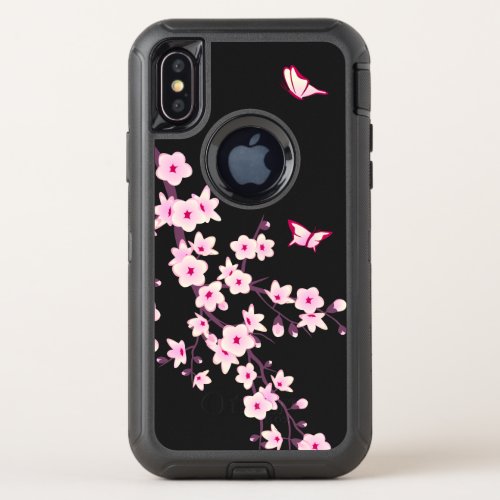 Floral Cherry Blossom Black Pink OtterBox Defender iPhone XS Case