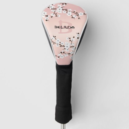  Floral Cherry Blossom Black White Blush Monogram  Golf Head Cover