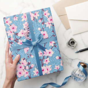 Floral Cherry Blossom Blue Glitter Wrapping Paper