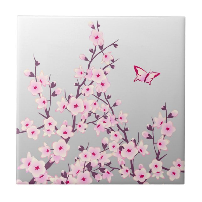 Floral Cherry Blossom Butterfly Pink Gray Tile (Front)
