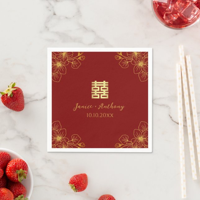 Floral cherry blossom Chinese wedding red Napkins (Insitu)
