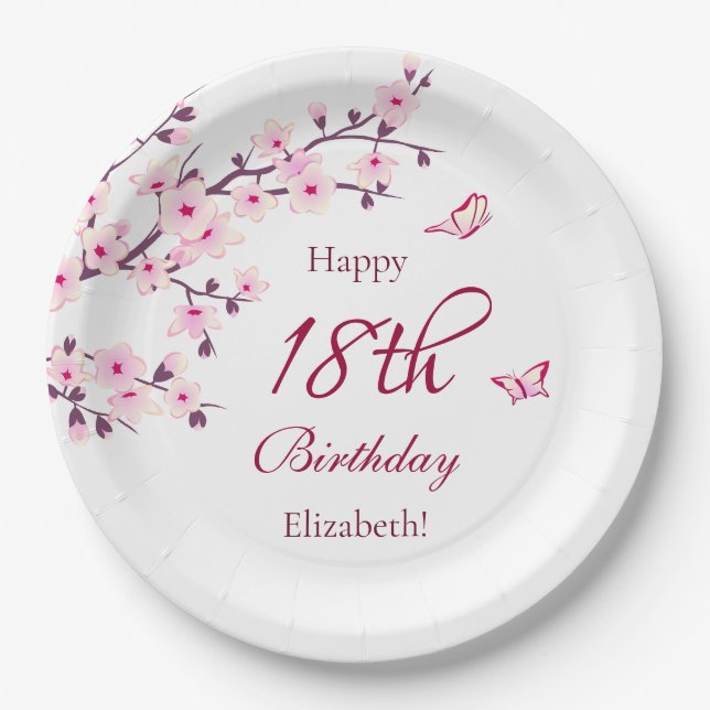Floral Cherry Blossom | Custom Birthday Party Paper Plates (Front)