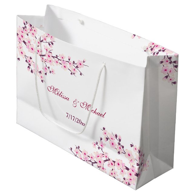 Floral Cherry Blossom Custom Wedding Large Gift Bag (Front Angled)
