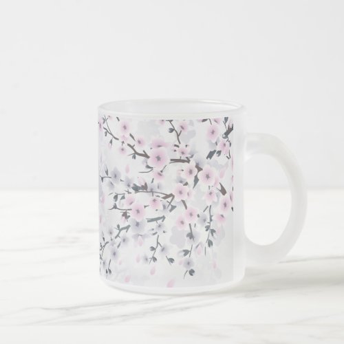 Floral Cherry Blossom Dusky Pink Mauve Frosted Glass Coffee Mug