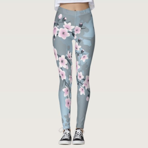  Floral Cherry Blossom Dusty Pink Blue Leggings