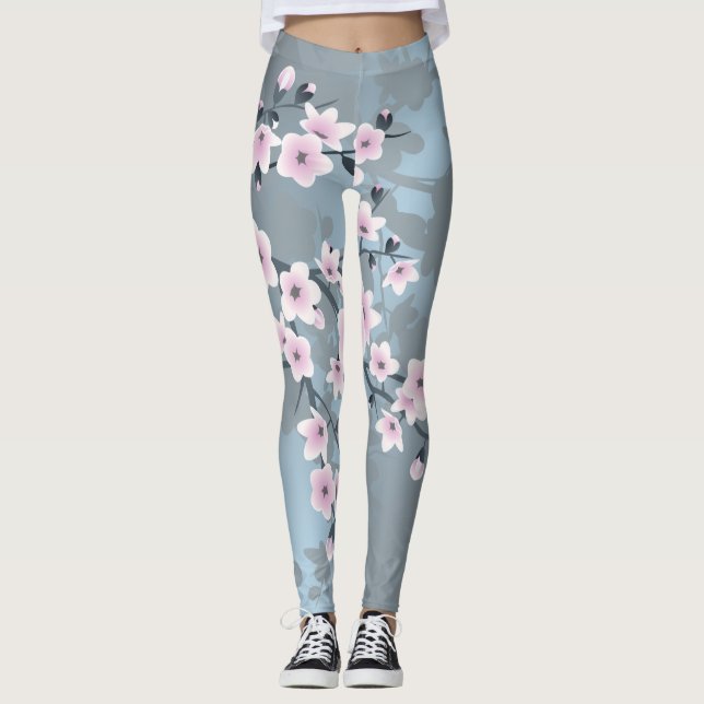  Floral Cherry Blossom Dusty Pink Blue Leggings (Front)