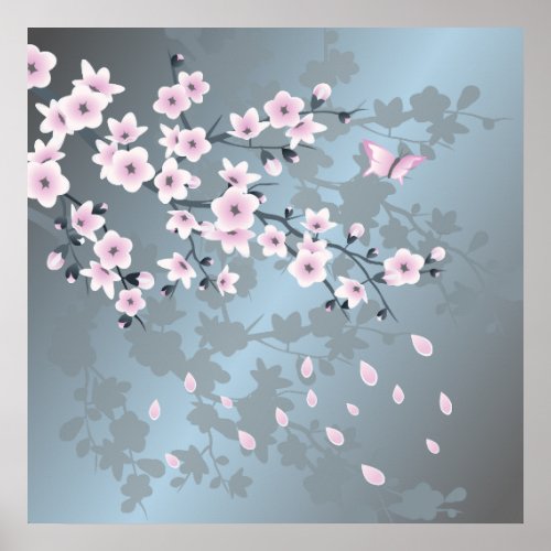 Floral Cherry Blossom Dusty Pink Blue Poster