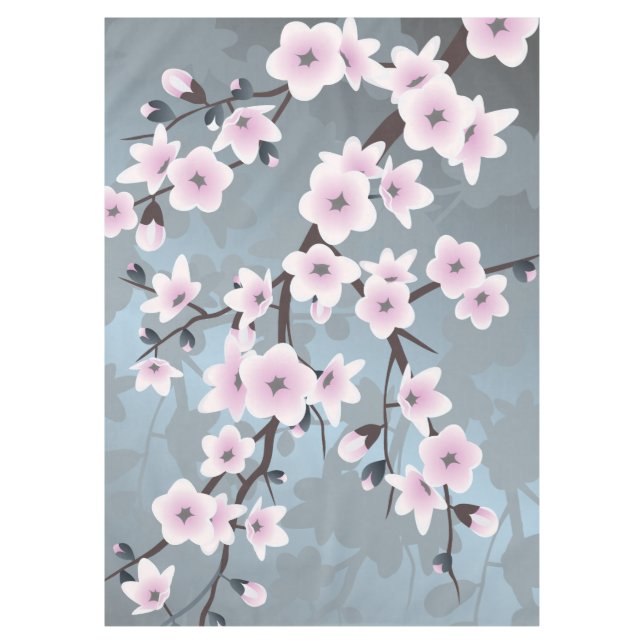 Floral Cherry Blossom Dusty Pink Blue Tablecloth (Front)