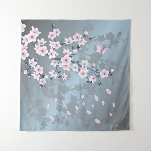Floral Cherry Blossom Dusty Pink Blue Tapestry