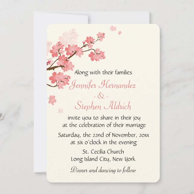 Floral Cherry Blossom Flower White & Pink Wedding Invitation (Front)
