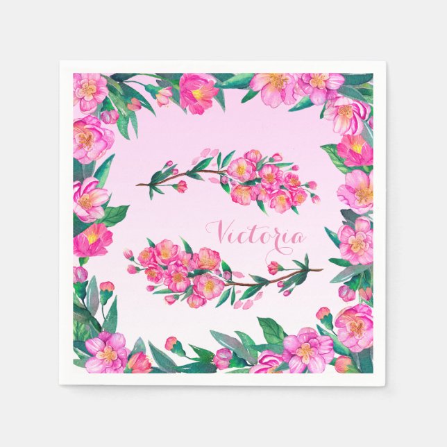 Floral Cherry Blossom Flowers Branch Pink Monogram Paper Napkins (Front)