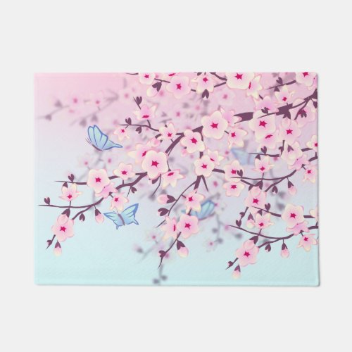 Floral Cherry Blossom Landscape Pink Blue Doormat