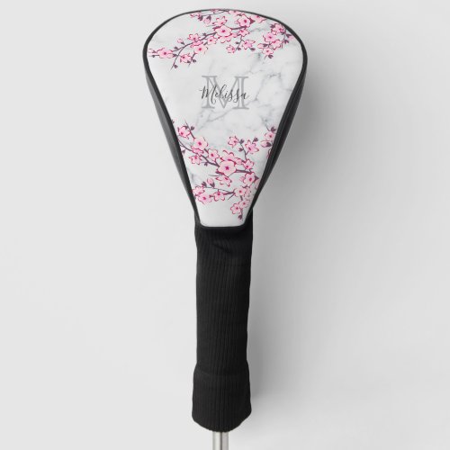 Floral Cherry Blossom Light Gray Marble Monogram Golf Head Cover
