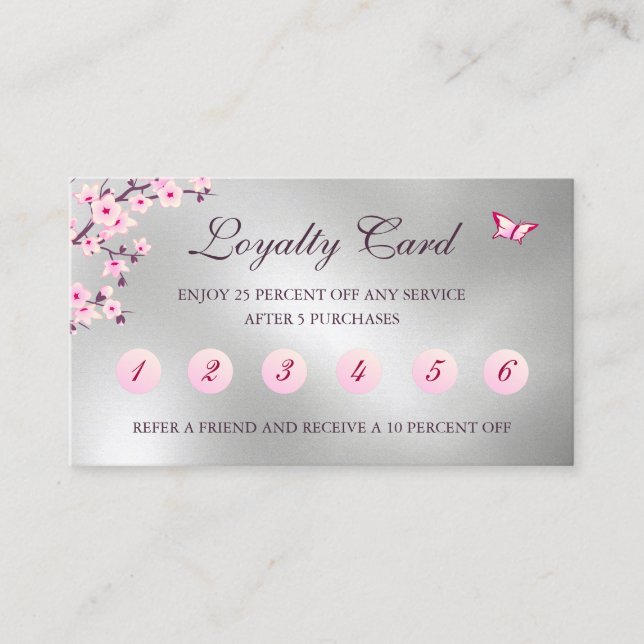 Floral Cherry Blossom Loyalty Card Pink Silver (Front)