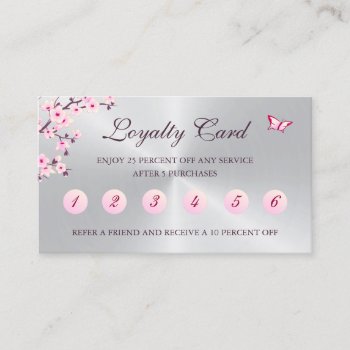 Floral Cherry Blossom Loyalty Card Pink Silver by NinaBaydur at Zazzle